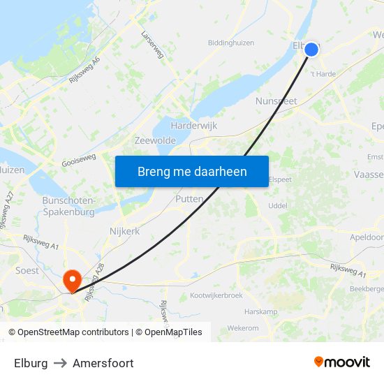 Elburg to Amersfoort map