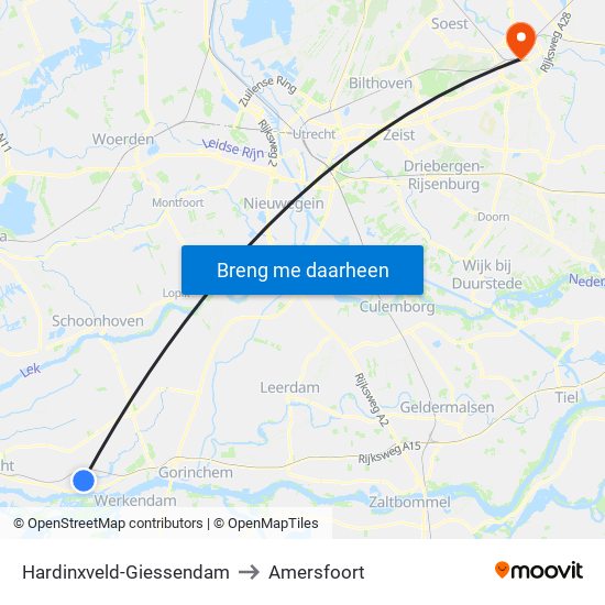 Hardinxveld-Giessendam to Amersfoort map