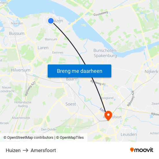 Huizen to Amersfoort map