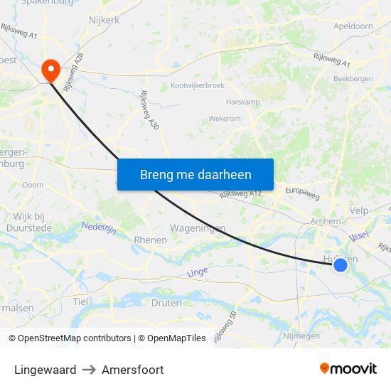 Lingewaard to Amersfoort map