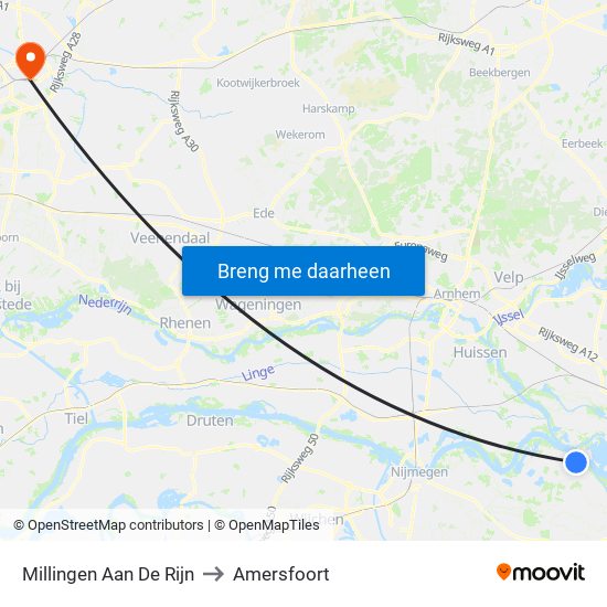 Millingen Aan De Rijn to Amersfoort map