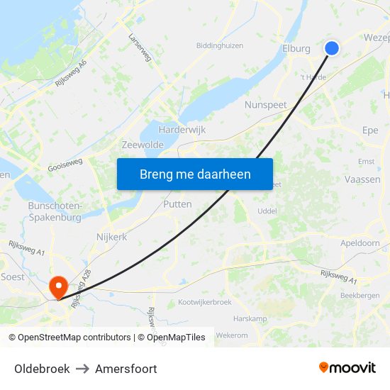 Oldebroek to Amersfoort map