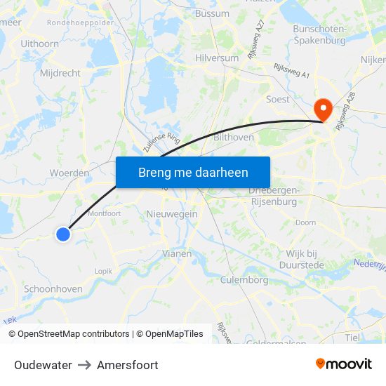 Oudewater to Amersfoort map