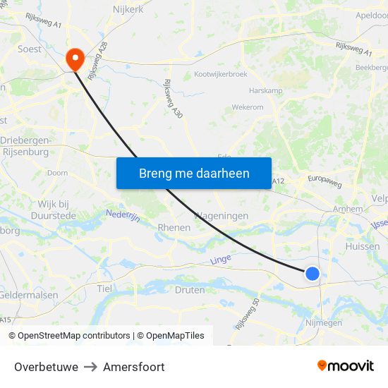 Overbetuwe to Amersfoort map