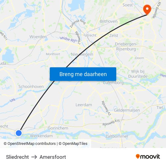 Sliedrecht to Amersfoort map