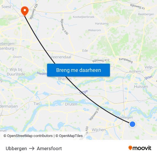 Ubbergen to Amersfoort map