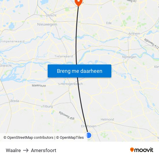 Waalre to Amersfoort map