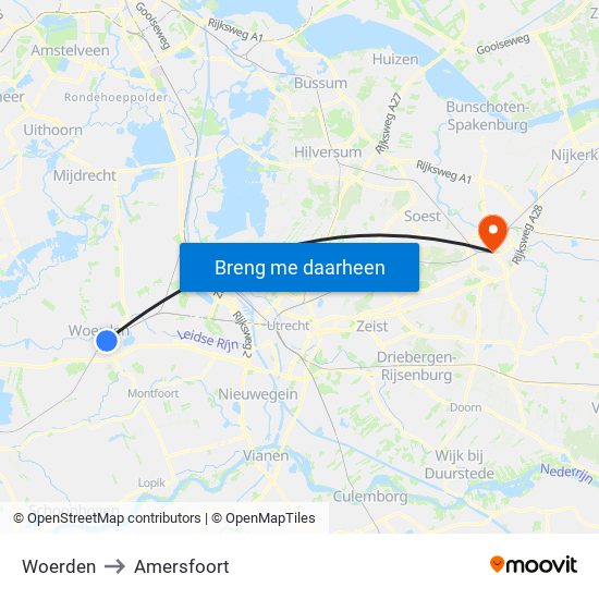 Woerden to Amersfoort map