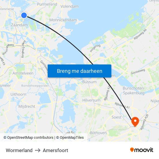 Wormerland to Amersfoort map