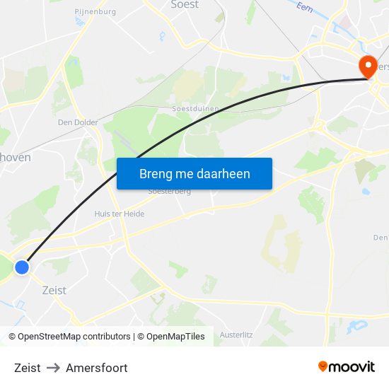 Zeist to Amersfoort map