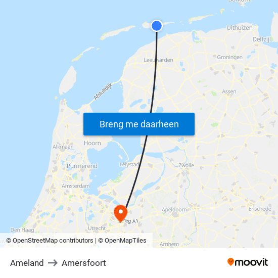 Ameland to Amersfoort map