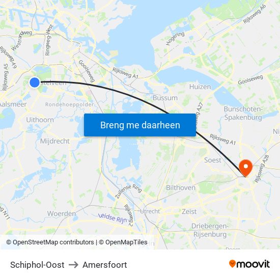 Schiphol-Oost to Amersfoort map