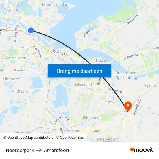Noorderpark to Amersfoort map