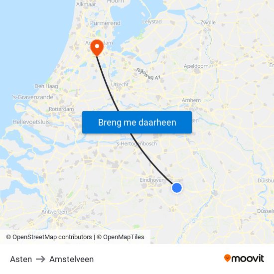 Asten to Amstelveen map