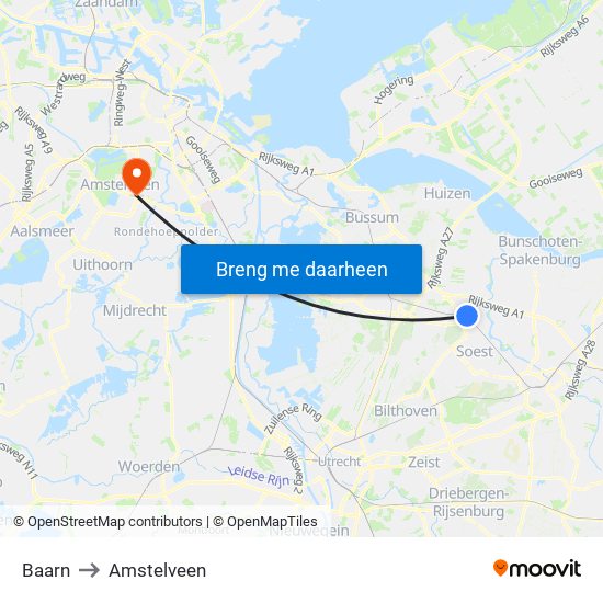 Baarn to Amstelveen map