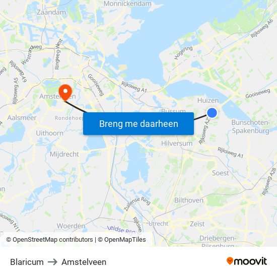 Blaricum to Amstelveen map