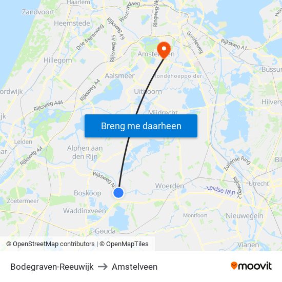Bodegraven-Reeuwijk to Amstelveen map