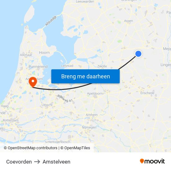 Coevorden to Amstelveen map