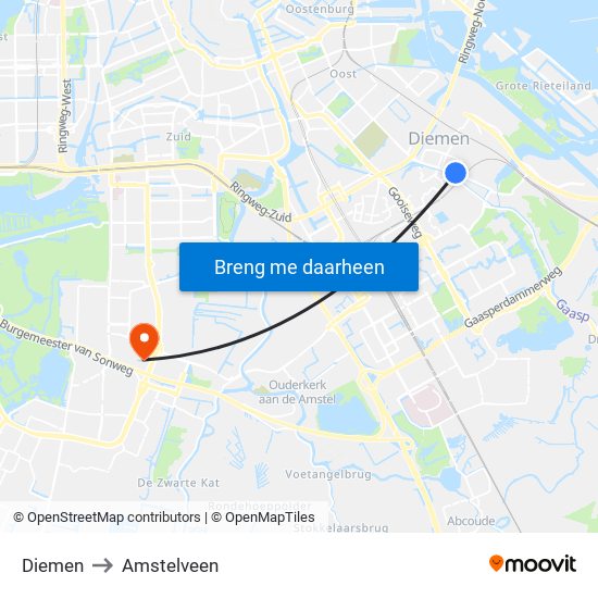 Diemen to Amstelveen map