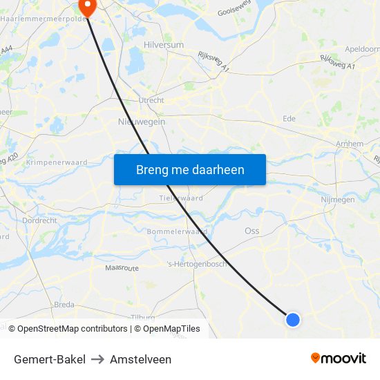 Gemert-Bakel to Amstelveen map