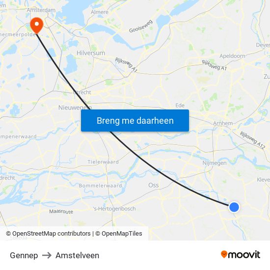 Gennep to Amstelveen map