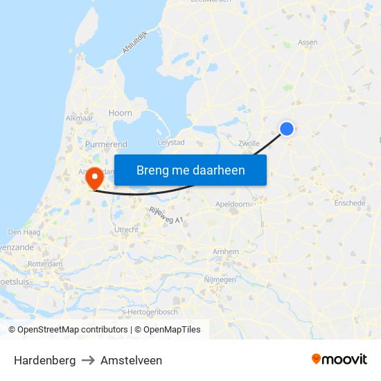 Hardenberg to Amstelveen map