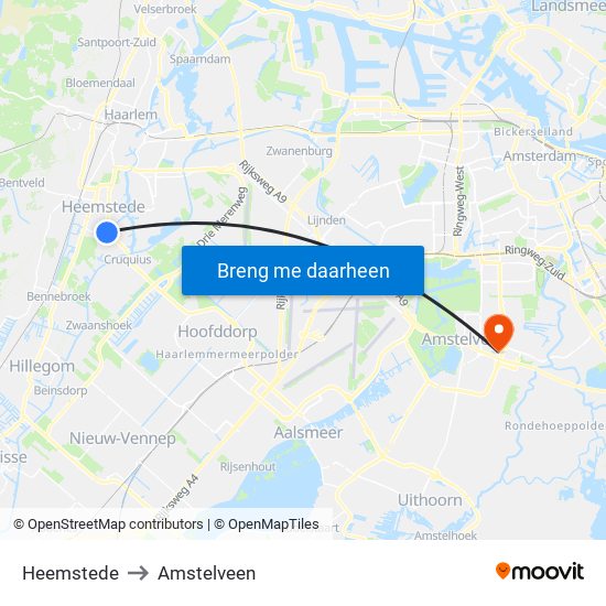 Heemstede to Amstelveen map