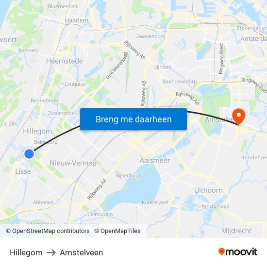Hillegom to Amstelveen map