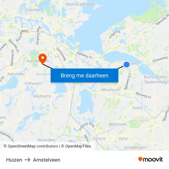 Huizen to Amstelveen map