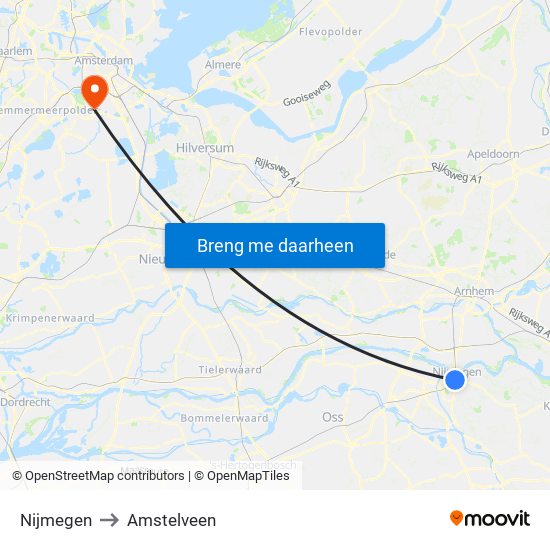 Nijmegen to Amstelveen map