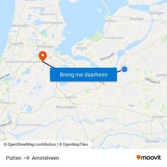 Putten to Amstelveen map