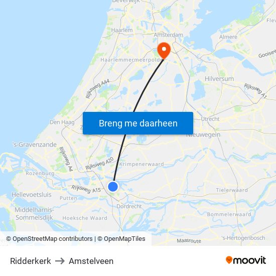 Ridderkerk to Amstelveen map