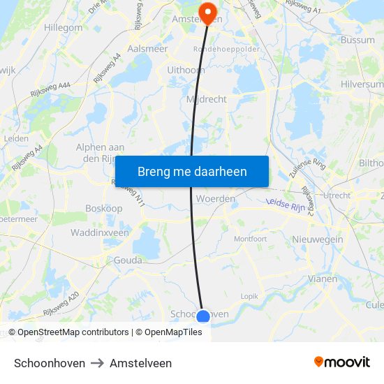 Schoonhoven to Amstelveen map