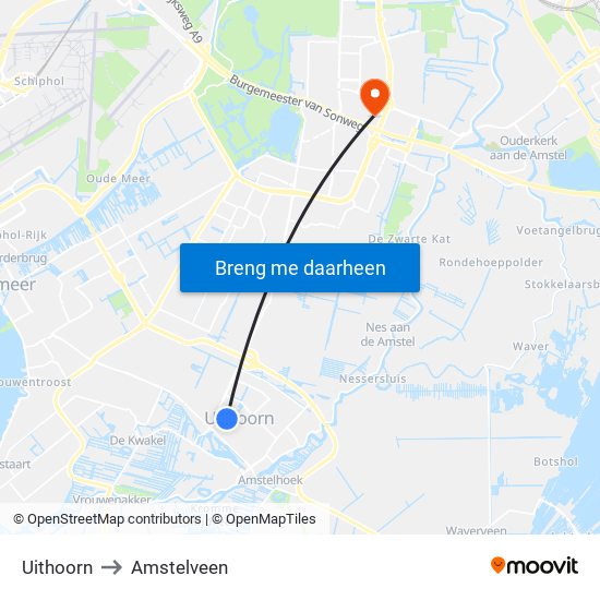 Uithoorn to Amstelveen map