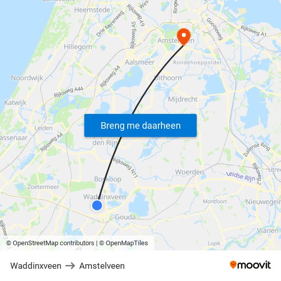 Waddinxveen to Amstelveen map