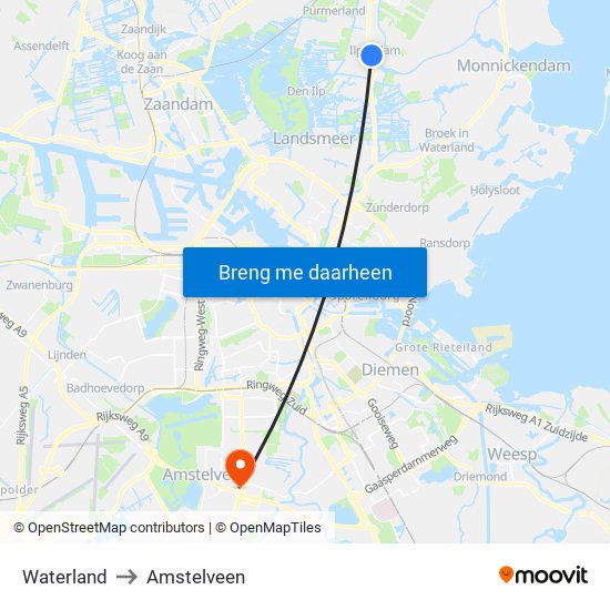 Waterland to Amstelveen map