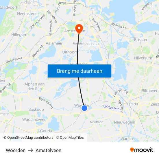 Woerden to Amstelveen map