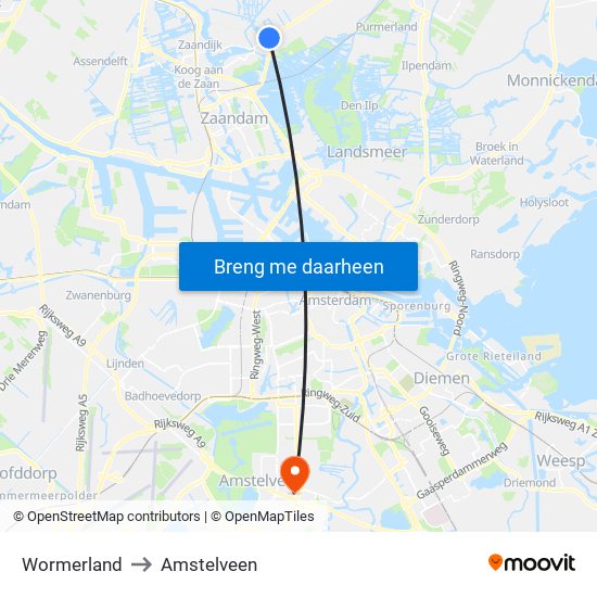 Wormerland to Amstelveen map