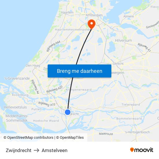 Zwijndrecht to Amstelveen map