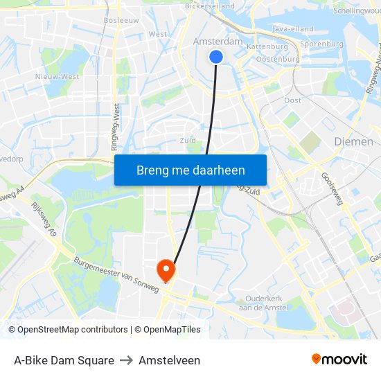 A-Bike Dam Square to Amstelveen map