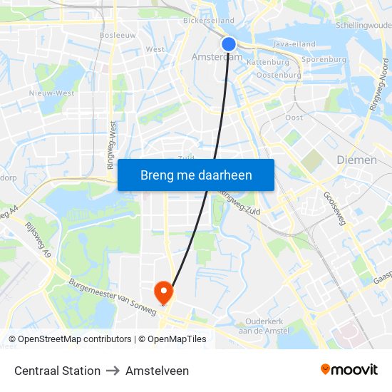 Centraal Station to Amstelveen map
