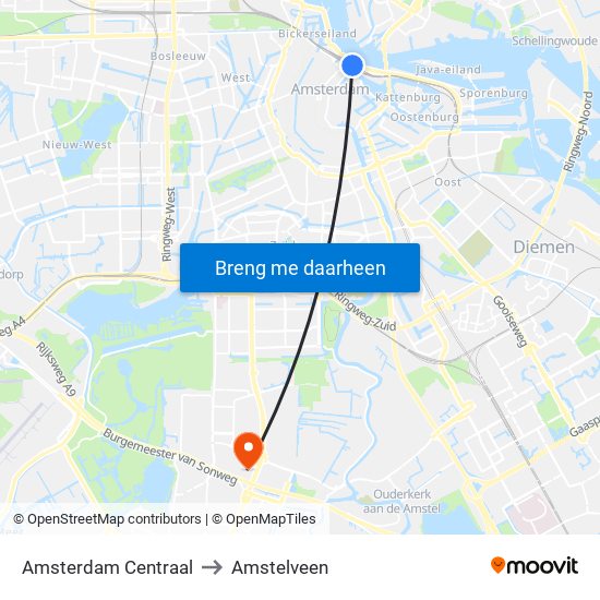 Amsterdam Centraal to Amstelveen map