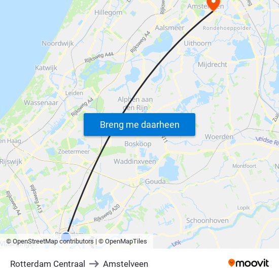 Rotterdam Centraal to Amstelveen map