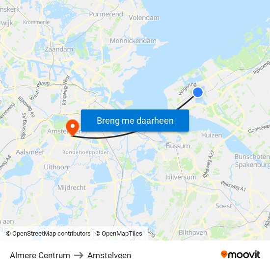 Almere Centrum to Amstelveen map