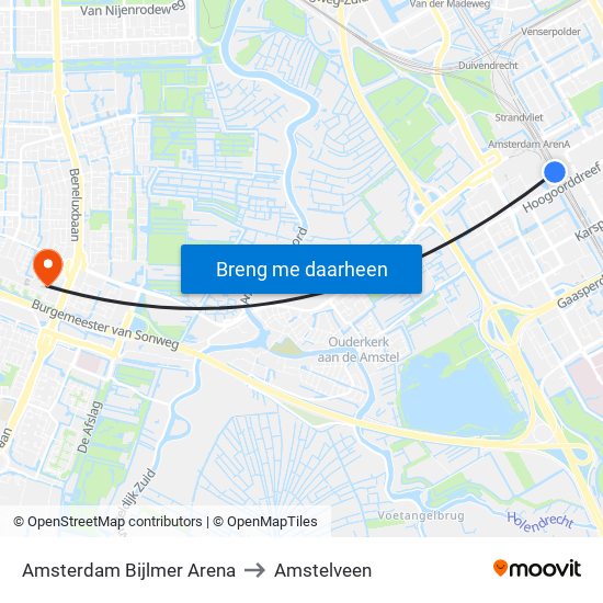 Amsterdam Bijlmer Arena to Amstelveen map