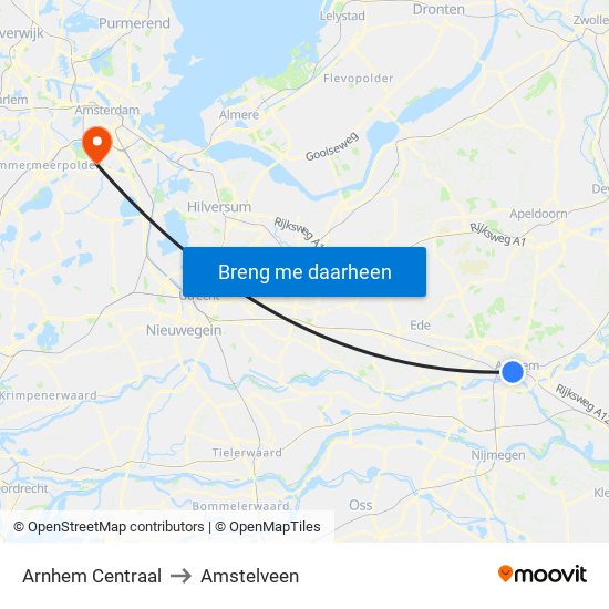 Arnhem Centraal to Amstelveen map