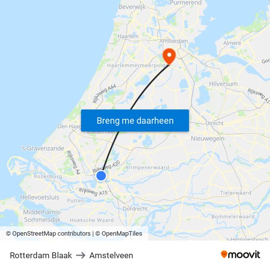 Rotterdam Blaak to Amstelveen map