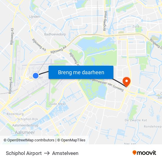 Schiphol Airport to Amstelveen map