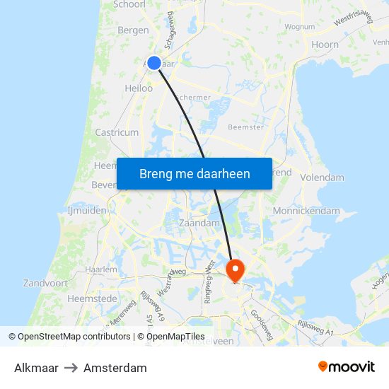 Alkmaar to Amsterdam map