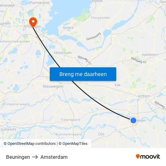 Beuningen to Amsterdam map